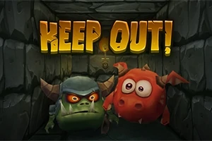 To tegneserieagtige monstre i en mørk stenbelagt korridor med teksten KEEP OUT!