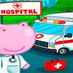 En lyserød flodhest iført lægetøj og et stetoskop står foran et hospitalsskilt og en ambulance