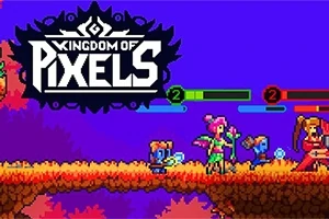 Pixelkunstbillede af fantasyfigurer med våben på en platform og teksten Kingdom of Pixels i venstre hjørne