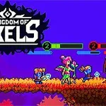 Pixelkunstbillede af fantasyfigurer med våben på en platform og teksten Kingdom of Pixels i venstre hjørne