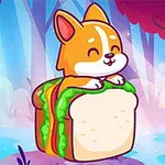 En tegneserie med en glad hund siddende på en sandwichlignende base i en farverig skov
