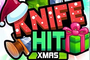 Illustration med teksten Knife Hit Xmas med juletema, inklusive en nissehue, en gave og en økse