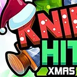 Illustration med teksten Knife Hit Xmas med juletema, inklusive en nissehue, en gave og en økse