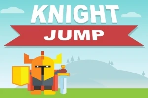 Rødt banner med teksten Knight Jump over en tegneserieagtig ridder med skjold og sværd foran en bakket landskab