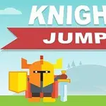 Rødt banner med teksten Knight Jump over en tegneserieagtig ridder med skjold og sværd foran en bakket landskab