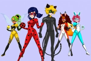 Fem animerede superhelte i farverige dragter poserer mod en lys baggrund