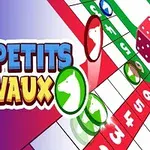 Brætspil med tern, farvede felter og terning ved siden af en titel Les Petits Chevaux