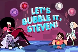 Tegnet scene med fire figurer, inklusiv en med en rød stjerne på trøjen, som sidder på farverige geometriske mønstre og teksten Lets Bubble It, Steven!