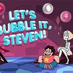 Tegnet scene med fire figurer, inklusiv en med en rød stjerne på trøjen, som sidder på farverige geometriske mønstre og teksten Lets Bubble It, Steven!