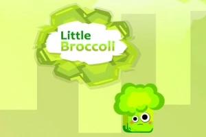 En tegneserieagtig broccoli med store øjne og teksten Little Broccoli i en grøn sky på en lysegrøn baggrund