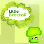 En tegneserieagtig broccoli med store øjne og teksten Little Broccoli i en grøn sky på en lysegrøn baggrund