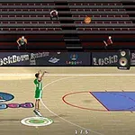 En animeret basketballspiller i grønt uniform skyder mod kurven på en halvtom arena med tilskuere i baggrunden