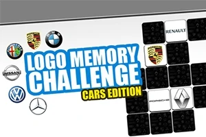 Logo Memory Challenge Cars Edition med bilproducentlogoer som Alfa Romeo, Porsche, BMW, Nissan, Volkswagen, Mercedes og Renault på en sort og hvid baggrund