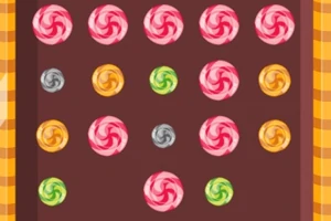 Farverige spiralformede slikikoner er arrangeret i rækker på en brun baggrund med en ternet kant