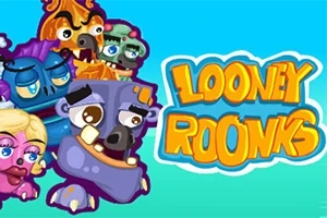 Farverige, animerede figurer med store øjne og forskellige ansigtsudtryk ved siden af teksten Looney Roons på en blå baggrund