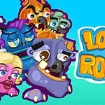 Farverige, animerede figurer med store øjne og forskellige ansigtsudtryk ved siden af teksten Looney Roons på en blå baggrund