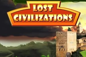Teksten Lost Civilizations i et farverigt banner over en baggrund med gamle slotte og bjerge