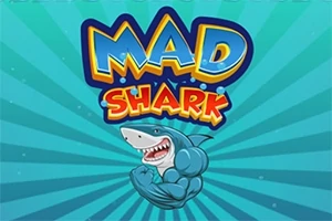 Blå baggrund med en stærk, muskuløs haj under teksten Mad Shark i farverige bogstaver
