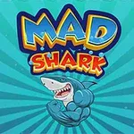 Blå baggrund med en stærk, muskuløs haj under teksten Mad Shark i farverige bogstaver
