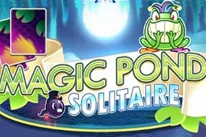 En tegneseriegrafik med en smilende frø, en lyserød fisk og teksten Magic Pond Solitaire i farverige bogstaver under en lysende måne