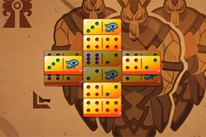 En samling af farverige domino-brikker arrangeret i et korsmønster foran en brun baggrund med skygger af rustningsklædte figurer