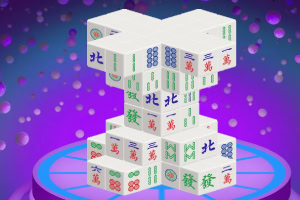 Et stablet tårn af mahjong-brikker med forskellige symboler og farver mod en lilla og blå boblebaggrund