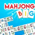 Mahjong-brikker arrangeret mod en lys blå baggrund med teksten MAHJONG BIG i farverige bogstaver