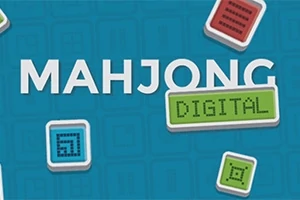 Tekst MAHJONG DIGITAL i hvid med farvede fliser omkring på en blå baggrund