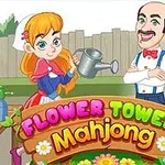 En tegneserie af en pige med orange hår, der holder en vandkande, og en mand med overskæg, der står ved siden af en farverig blomsterdekoration med teksten Flower Tower Mahjong i en have