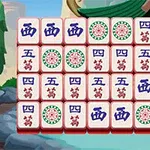 En række af mahjong-brikker med forskellige symboler, sat mod en baggrund med asiatisk arkitektur