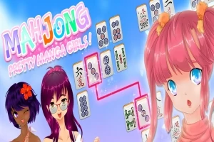 Tegnet illustration af tre anime-piger med farverigt hår og mahjong-brikker i baggrunden