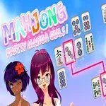 Tegnet illustration af tre anime-piger med farverigt hår og mahjong-brikker i baggrunden