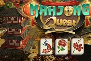 Et asiatisk inspireret tempel baggrunden med tre mahjong-brikker i forgrunden