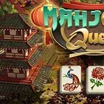 Et asiatisk inspireret tempel baggrunden med tre mahjong-brikker i forgrunden
