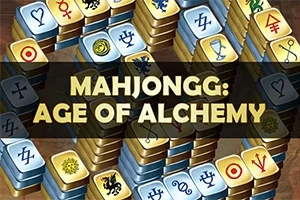 Billedet viser et sæt stablede mahjong-brikker med forskellige alkymistiske symboler og teksten Mahjongg: Age of Alchemy i midten