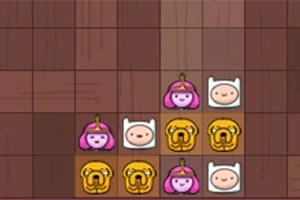 Tegnet spillebræt med figurer i pink, hvid og gul på et trægulvmønster