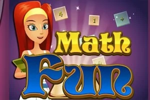 Tegneseriefigur med rødt hår står ved siden af teksten Math Fun omgivet af matematiksymboler