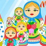 Farverige russiske babusjka-dukker med blomsterdekorationer og teksten Matryoshka Rush i baggrunden