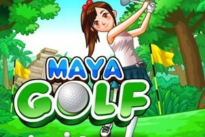 Tegneseriepige spiller golf i en frodig, grøn jungle med Mayaruiner i baggrunden