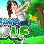 Tegneseriepige spiller golf i en frodig, grøn jungle med Mayaruiner i baggrunden