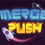 Farverig titeltekst MERGE PUSH med en rumraket og planetmotiv i baggrunden