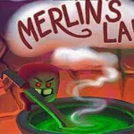 En farverig og animeret illustration med en ond figur, der rører i en boblende grøn gryde under teksten Merlins Lab på en stenbaggrund