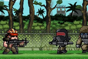 Pixel art-figurer med våben på en grøn baggrund med hegn og træer i baggrunden