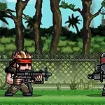 Pixel art-figurer med våben på en grøn baggrund med hegn og træer i baggrunden