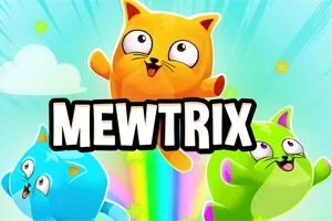 Tre farverige katte springer omkring med glade ansigter på en lysende baggrund med teksten MEWTRIX i midten