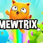 Tre farverige katte springer omkring med glade ansigter på en lysende baggrund med teksten MEWTRIX i midten