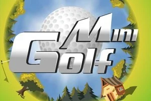 Teksten Mini Golf er vist med en stor golfbold i baggrunden, omgivet af træer og en lille bygning
