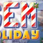 Tekst med ordene GEM HOLIDAY i juletema med røde og hvide striber, og dekoreret med kristtjørnblade