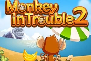 En abe sidder på en strand med en parasol foran en sø og bjerge, med bananer og titlen Monkey in Trouble 2 i baggrunden