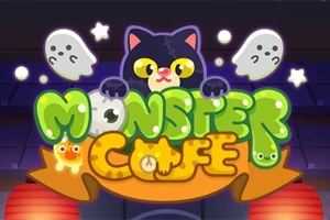 En kat med store øjne og to spøgelser svæver over teksten Monster Cafe omgivet af stjerner, med farverige lamper i baggrunden